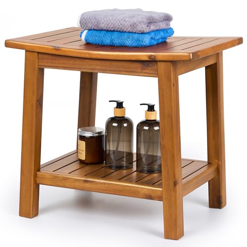 Upolana Teak Shower Bench, 20" Solid Wood Shower Stool Waterproof Shower Seat with Storage Shelf for Bathroom, Indoor & Outdoor Use Upolana