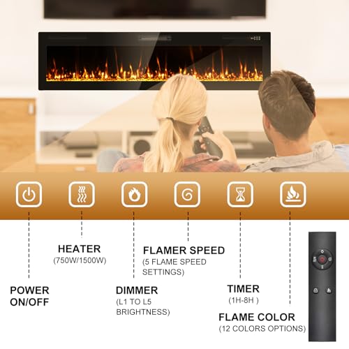 Eueiriup 2025Upgraded 72” Recessed and Wall Mounted Electric Fireplace, Ultra Thin Narrow Beleze Fire Places with Remote Control, Screen Control,Adjustable Flame Colors and Speed Eueiriup