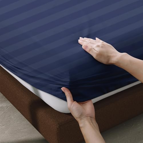 100% Egyptian Cotton Fitted Sheet Twin Size, 600 Thread Count, Single Fitted Sheet Only,8”-16" Deep Pocket Sheet, Soft & Elastic Sateen Weave Bottom Sheet for Home(Navy Blue-Stripe, Twin) Zaizaihome