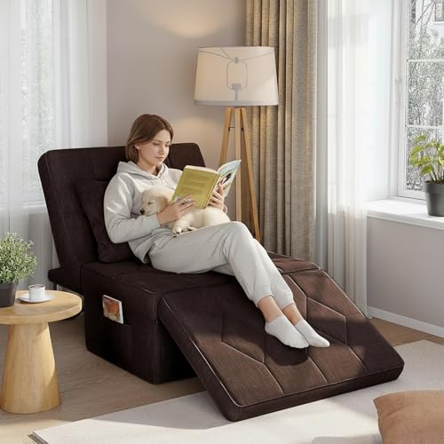 DSNAPE Convertible Sofa Bed with 5-Level Adjustable Backrest, 74" D x 28" W 4-in-1 Folding Ottoman Sleeper Chair Bed, Modern Single Futon Couch for Living Room Apartment Dorm Small Space, Dark Brown DSNAPE