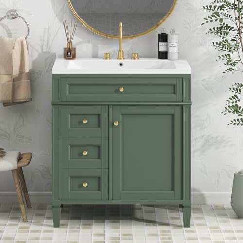 Linique 30" Bathroom Vanity with Sink Combo Set, Solid Wood Frame Modern Bathroom Storage Cabinet with 2 Drawers and a Tip-Out Drawer, Soft Closing Cabinet Door with Organizer, Green Linique
