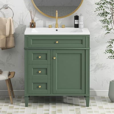 Linique 30" Bathroom Vanity with Sink Combo Set, Solid Wood Frame Modern Bathroom Storage Cabinet with 2 Drawers and a Tip-Out Drawer, Soft Closing Cabinet Door with Organizer, Green
