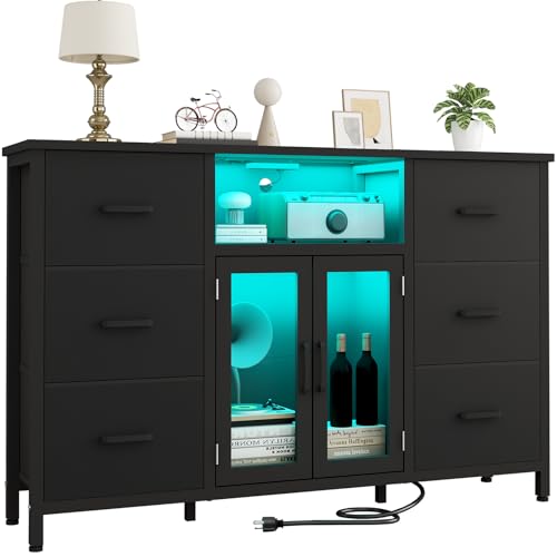 FFBCFDK Black Dresser for Bedroom Dresser TV Stand with Charging Station for 60" TV Long 6 Drawer Dresser for Bedroom with LED Light Large Fabric Dresser Organizer Unit Tall Chest of Drawers for Kids FFBCFDK
