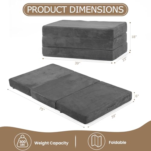 feliz home 6-Inch Tri-Fold Mattress Twin Size - Foldable Futon Sofa Bed with Removable Washable Cover, Folding Memory Foam Futon Mattress | Non-Slip Bottom & Carry Handles for Guest, Camping, Dorm feliz home
