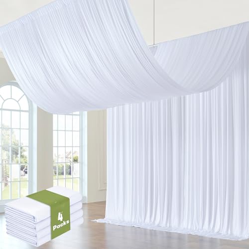 Htper 4 Panels 5x20ft White Ceiling Drapes for Wedding Parties, Wrinkle Free 20ft Long Thick Polyester Wedding Draping Tent Ceiling Curtains Arch Drapery for Birthday Party Tent Canopy Decor Htper