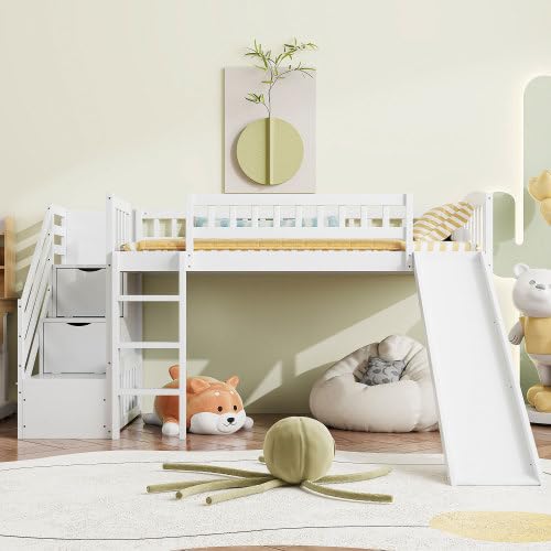 Harper & Bright Designs Kids Loft Bed with Slide and Storage Stairs, Twin Size Wooden Loft Bed with Built-in Ladder, White Harper & Bright Designs