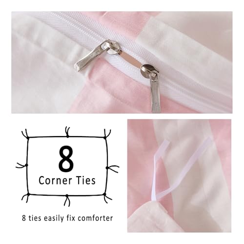 Merryword Pink and White Striped Duvet Cover Set Queen Size, 100% Cotton Bedding Set with Zipper Closure & 8 Corner Ties, Luxury Linen Like Bedding, Soft Breathable Comforter Cover for All Seasons Merryword