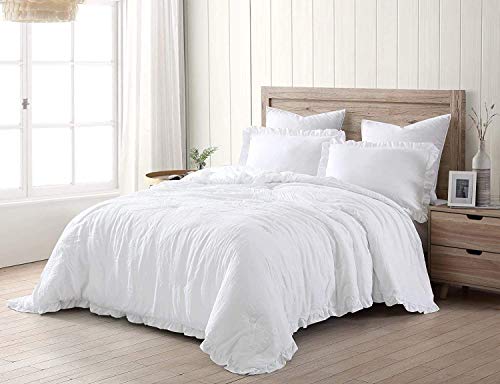 Chezmoi Collection Nora White Comforter Set Twin Size 2-Piece Lightweight Soft Stone-Washed Ruffled Shabby Chic Bedding for All Season Chezmoi Collection