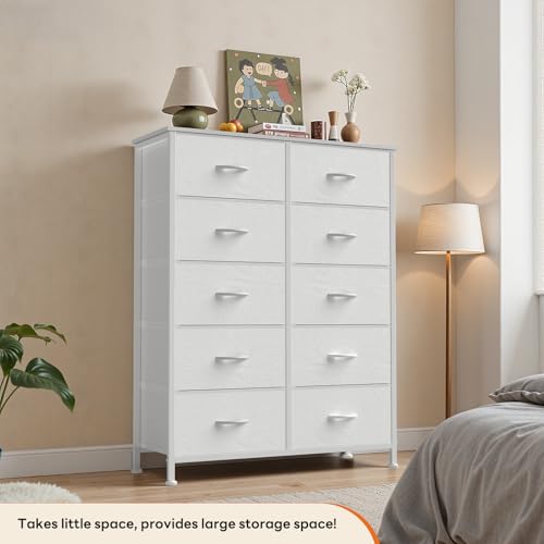Sweetcrispy 10 Drawer Fabric Dresser Storage Tower with Bins, Tall Chest Organizer for Bedroom Closet Hallway, Steel Frame Wood Top Easy Pull Handles,White Sweetcrispy