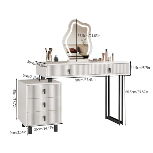 KDCAS Vanity Desk with Mirror and Lights| Small Makeup Vanity Set with Adjustable Cabinet & 5 Drawers Storage| Modern Dressing Table for Small Spaces & Bedroom(White and Black) KDCAS