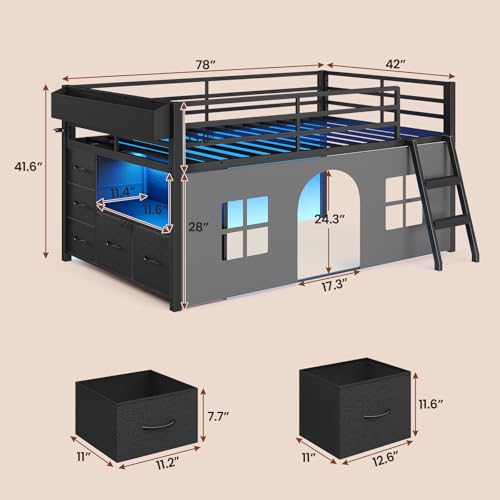 ADORNEVE Low Loft Bed Twin Size with Tent, 5 Storage Drawers, LED Lights, Metal Kids Loft Bed with Bookcase & Under-Bed Play Space,Twin Loft Beds with 13.8''H Safety Guardrail,Inclined Ladder, Black ADORNEVE