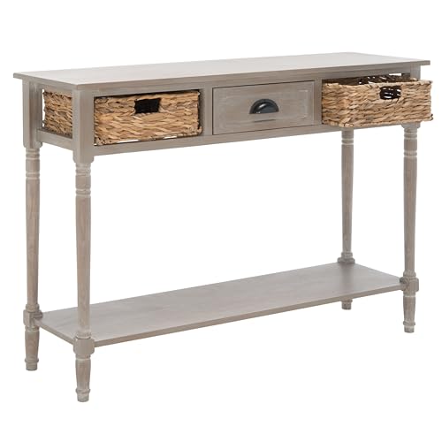 SAFAVIEH Home Collection – Christa White Wash Console Table with Rattan Drawers & Shelf, Coastal Cottage Storage Console, Vintage Design (AMH5737E) SAFAVIEH
