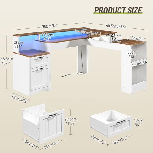 STHYTON Farmhouse 63" L Shaped Standing Desk, Corner Computer Desk with Drawers, Office Desk with File Drawers with RGB Lighting & Charging Station, Monitor Stand and Storage Shelves, White and Walnut STHYTON