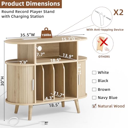 LELELINKY Large Round Record Player Stand with Charging Station & Fluted Display Shelf, Natural Mid Century Modern Turntable Cabinet with Vinyl Storage, Arched Wood Record Player Table for Living Room LELELINKY