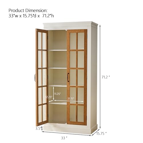 PAXIPEX 71" Rustic Farmhouse Display Cabinet, Display Case with Lattice Glass Doors, Curio Cabinet with Adjustable Shelves for Home Living Room Office, Brown,Cream White PAXIPEX