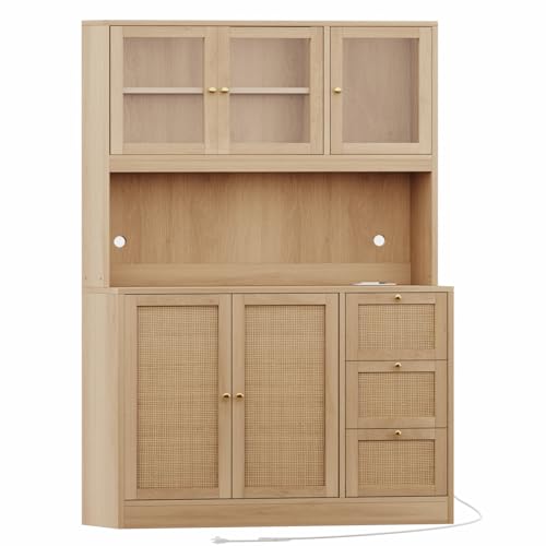 Irontar 70.9'' Kitchen Pantry Cabinet, Kitchen Hutch with Microwave Stand & Charging Station, Farmhouse Tall Storage Cabinet with Countertop, Bar Cabinet with Drawer and Glass Doors, Natural CWG011ME Irontar