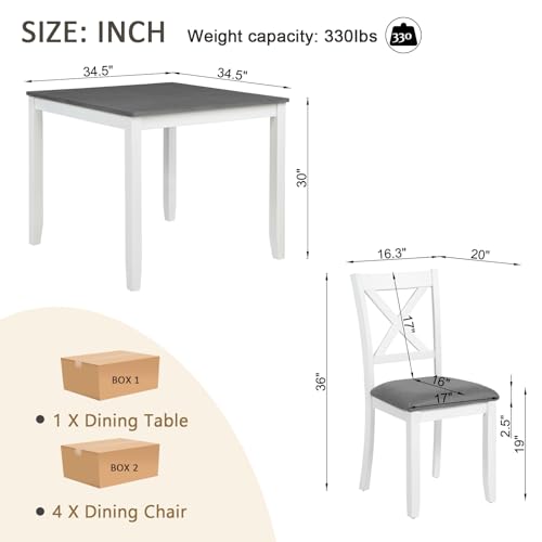 Augabam 5-Piece Dining Table Set for 4, Kitchen Dining Table with 4 Soft Cushioned Solid Wood Chairs, Ideal for Home or Restaurant Use.(Gray & White_Small) Augabam