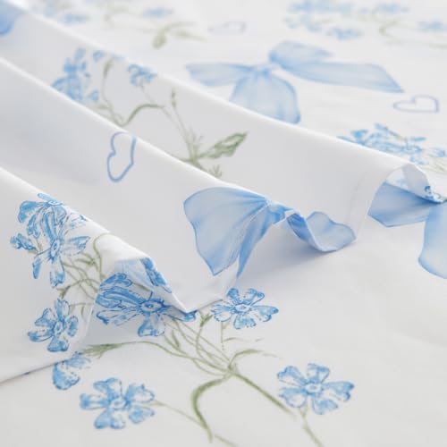 CCoutueChen Blue Bow Sheet Set Full Garden Floral Fitted Sheet Set for Girls Kids Soft Microfiber Fitted Flat Sheets & Pillowcases Cute Princess Style Bowknot Bedding Sets Toddlers 4 Pieces CCoutueChen