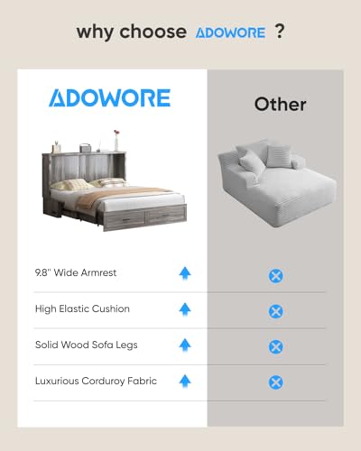 ADOWORE Queen Size Murphy Bed with Large Storage Drawer & Charging Station, Hideaway Full Foldable Platform Bed for Home Office or Guest Bedroom, Living Room,Grey ADOWORE