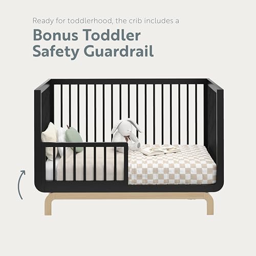 Storkcraft Santorini Deluxe 5-in-1 Convertible Crib with Bonus Toddler Guardrail (Black with Driftwood) – GREENGUARD Gold Certified, Toddler Guardrail Included in Box, Fits Standard Crib Mattress Storkcraft