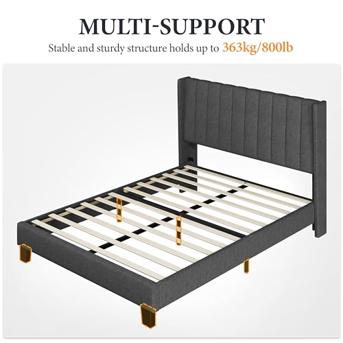 Yaheetech Dark Gray Upholstered Full Bed Frame with Wing Design and Wooden Slats Yaheetech