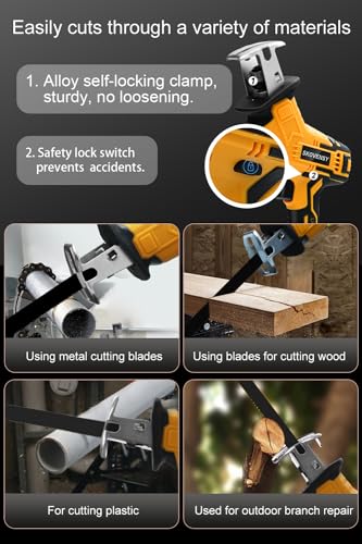 Cordless Reciprocating Saw, 2.0Ah Battery x2, Cordless Variable Speed, Blades Kit for Wood/Metal/PVC Cutting Yellow SKOVENSY