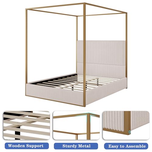 DGSPVCT Queen Size Metal Canopy Bed Frame, Upholstered Platform Bedframe with Tall Headboard and Four Poster, Modern Luxury Corduroy Low Profile Bed Frames, No Box Spring Needed/Minimalism, Beige Gold