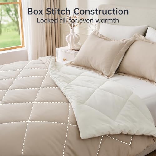 JOLLYVOGUE King Size Comforter Set, Soft Reversible Bedding for All Seasons, 3 Pieces Down Alternative Bed Set Includes 1 Lightweight Comforter (104"x90") and 2 Pillow Shams (20"x36"), Beige & Ivory JOLLYVOGUE