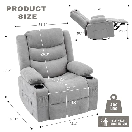 GAOHAPPY Swivel Rocker Recliner Chair, Manual Recliner Single Sofa with Cup Holders and Side Pocket, Chenille Fabric, Upholstered Nursery Rocking Chair for Living Room, Bedroom, Grey