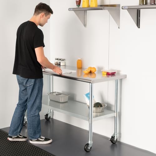 HARDURA Stainless Steel Table with Wheels 24 x 48 Inches Casters NSF Heavy Duty Commercial Work & Prep Table with Undershelf and Galvanized Legs for Restaurant Kitchen Bar and Hotel Garage HARDURA Restaurant Equipment