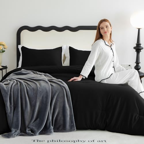 CozyLux Comforter Full Size Set Black, 3 Pieces Solid Lightweight Soft Bed Set for All Season, Luxury Breathable Quilted Style Microfiber Down Alternative Bedding Sets (1 Comforter & 2 Pillowcases) CozyLux