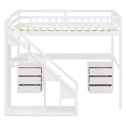 Merax Full Size Wood Loft Bed with Stairs, Built-in Desk, 2 Storage Drawers & Lights, Space Saving Bed for Teens, Adults, Study Loft Bed with Underbed Storage, White Merax