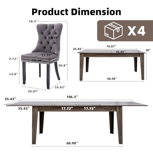 SoarFlash 5 Piece Extendable Dining Table Set for 4-8 Person, Wooden Dining Room Table with 4 Chairs for Gatherings, Meeting for Small Kitchens, Dining Office Areas(Grey/Grey) SoarFlash