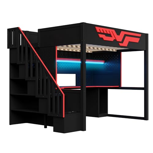 Merax Full Size Gaming Loft Bed with Desk, Wood Loft Bed Frame with LED Light, Charging Station, and Storage Staircase, for Kids, Teens, Boys Girls,Black Merax