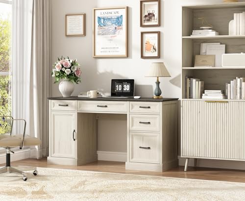 CARPETNAL 58'' Farmhouse Executive Desk with Drawers, Home Office Desk with File Drawer and Storage Cabinet, Rustic Computer Desk for Working, Studying, Writing, White CARPETNAL