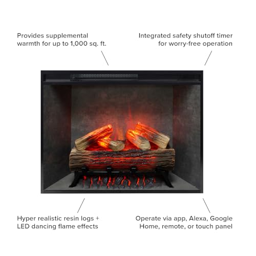 Modern Ember Uptown 28" Smart Electric Fireplace Insert with Remote, Alexa/WiFi Enabled - 1,000 Sq Ft Electric Heater with Realistic Flames and Log Set, Concrete Background Modern Ember