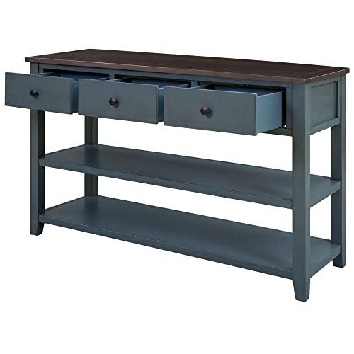 Vintage Console Table Modern Solid Wood Frame Sofa Table with 2 Tier Open Shelves and Top Storage Drawers Entryway Table for Living Room, Hallway, Front Hall, Stairs Area, Easy Assembly Knocbel