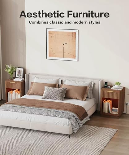 Akxomel Fluted Nightstand, Wooden Night Stand with Charging Station and LED Light, Modern Mid Century End Table with Drawer, 15" D x 15.7" W x 22.6" H, for Bedroom, Walnut Akxomel