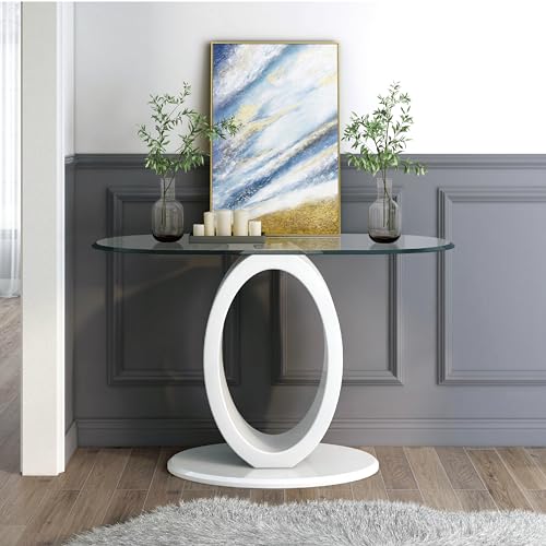Furniture of America Modine 47" Long Contemporary Console Tables, Modern Furniture, Beveled Tempered Glass, O-Shaped High Gloss Pedestal, for Entryway, Hallway, Living Room, White Furniture of America