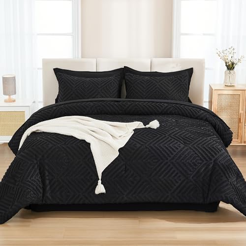 Andency Black Full Size Comforter Sets with Sheets - 7 Pieces Bed in a Bag Boho Tufted Bedding Sets Fluffy Lightweight Full Bed Set with Comforter, Sheets, Pillowcases & Shams for All Season Andency