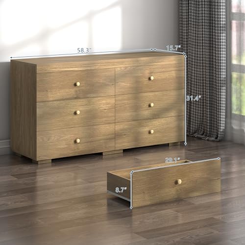 Zenflare Dresser for Bedroom 6 Drawer Wood Dresser 58.3" Wide, Large Chest of Drawers for Bedroom, Living Room, Hallway, Entryway, Modern TV Stand Drawer Organizer, Light Oak Zenflare