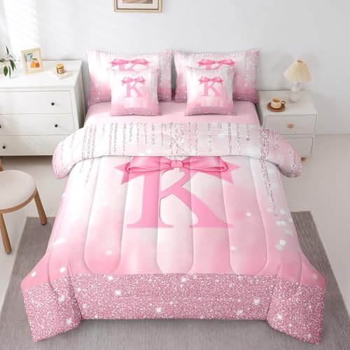 Feelyou Kids Pink Bowknot 7 Pieces Bedding Set Full Size, Personalized Initial K Bed in A Bag Princess Glitter Comforter Set with Sheets Boys Girls Bow Alphabet Teens Bed Set Bedroom Decor 7Pcs Feelyou