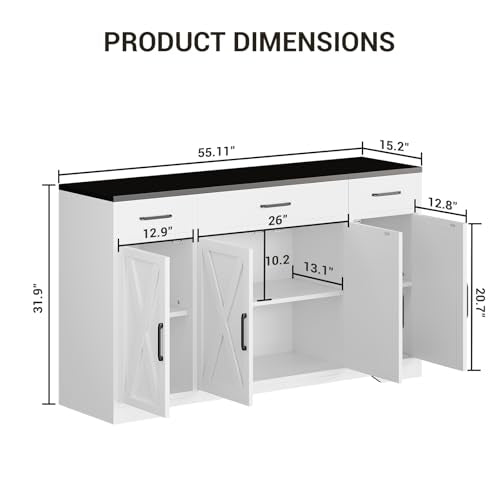 Garvee 55 in Large Buffet Sideboard Cabinet with Storage 4 Doors and 3 Drawers Kitchen Storage Cabinet Coffee Bar Buffet Table for Dining Room, Living Room, Adjustable Shelf Garvee