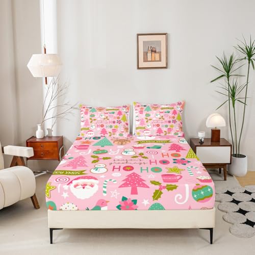 Erosebridal Pink Christmas Bed Sheets, Cartoon Santa Claus Sheet Set Twin for Kids Boys Girls Women Bedroom, Snowman Pine Fitted Sheet + Christmas Tree Cute Deer Top Sheet + 1 Xmas Decor Pillow Case Erosebridal