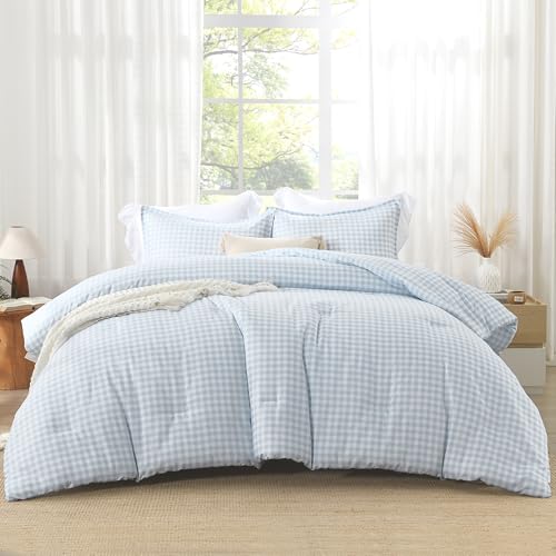 Andency Light Blue Gingham Comforter Set Full(79x90Inch), Checkered Grid Plaid Buffalo Bed Set for Girls Boys Kids Teens, 3 Pieces Lightweight Microfiber Geometric Preppy Bedding Andency
