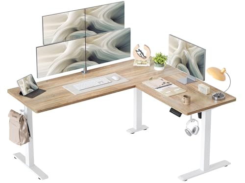 TIQLAB L Shaped Standing Desk Adjustable Height, Electric Corner Standing Desk, 63 x 55 inch Sit Stand Computer Table with Splice Board, Maple TIQLAB