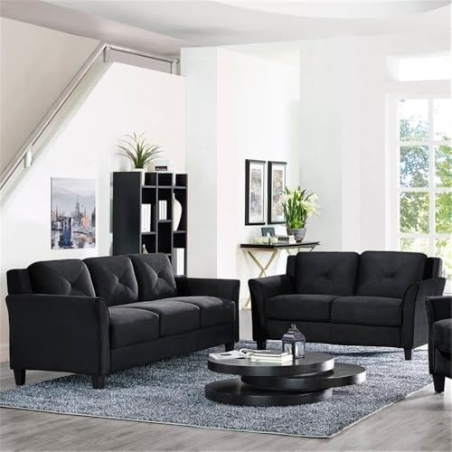 Home Square 2-Piece Polyester Microfiber Fabric Upholstered Sofa Set with 78" W Sofa & 56" W Loveseat, Curved Arms, Sturdy Wood Frame & Legs, Tufted Back Cushions, in Black Finish Home Square
