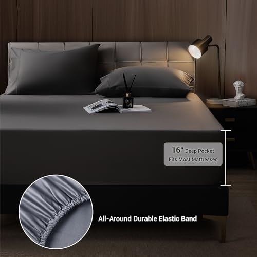 Shilucheng 4 Piece King Sheet Sets, Cooling Sheets, Blend Rayon Derived from Bamboo, Deep Pocket Up to 16", Breathable & Soft Bed Sheets, Hotel Silky Bedding Set, Dark Grey
