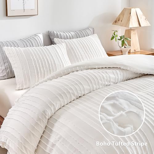 WARMDERN White Boho Duvet Cover Set Full Size, Striped Textured Duvet Cover Tufted Bedding Set, 3 Pcs Ultra Soft Washed Microfiber Duvet Cover with Zipper Closure (Full, White) WARMDERN