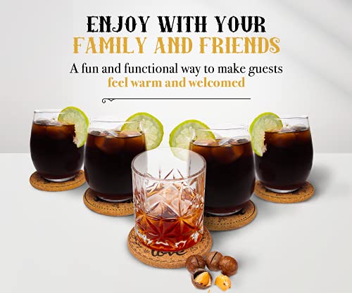 Coasterlux Cork Coasters for Drinks Absorbent with Holder - Cute & Funny Set of 8 Large Round Outdoor Cup Wooden Table Protection, Coffee Trivet, Cups and Mugs Cool Drink Coaster Gift Coasterlux